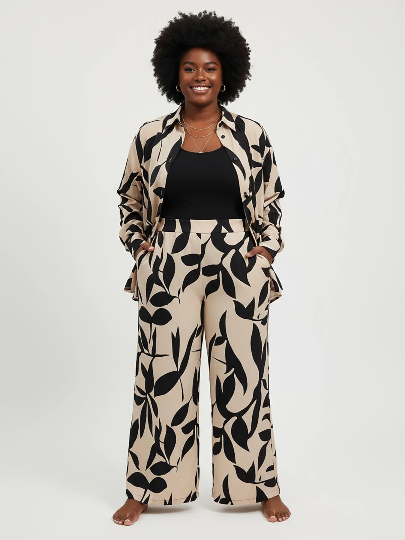 Plus Size Leaf Print 2-Piece Set