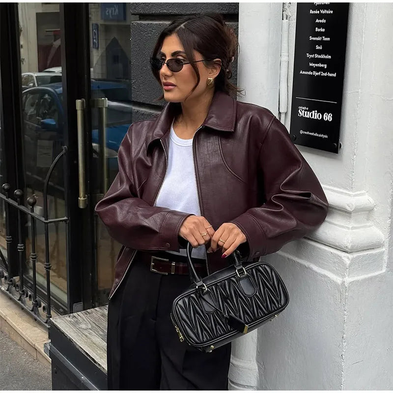 Women's Wine Red Pu Leather Short Jacket Fashion Autumn Lapel Collar Zipper High Street Loose Overcoats Ladies Button Outerwears