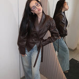 Women Vintage Brown Leather Jacket Lapel Padded Shoulder High Waist Leather Coat With Belt 2025 Lady Autumn Fashion Short Coats