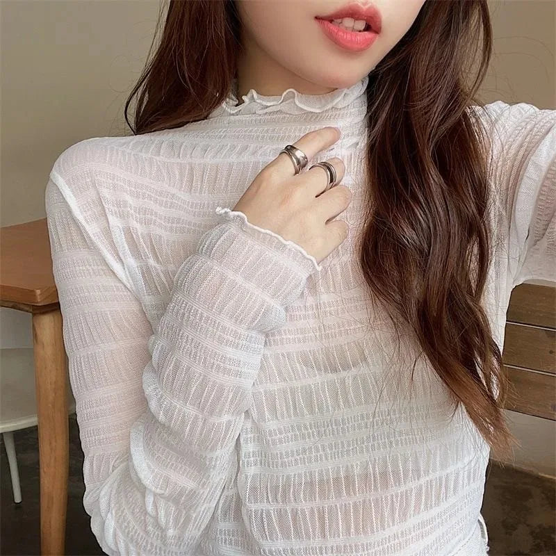 Women’s Floral Lace Mesh Mock Neck Long Sleeve Top