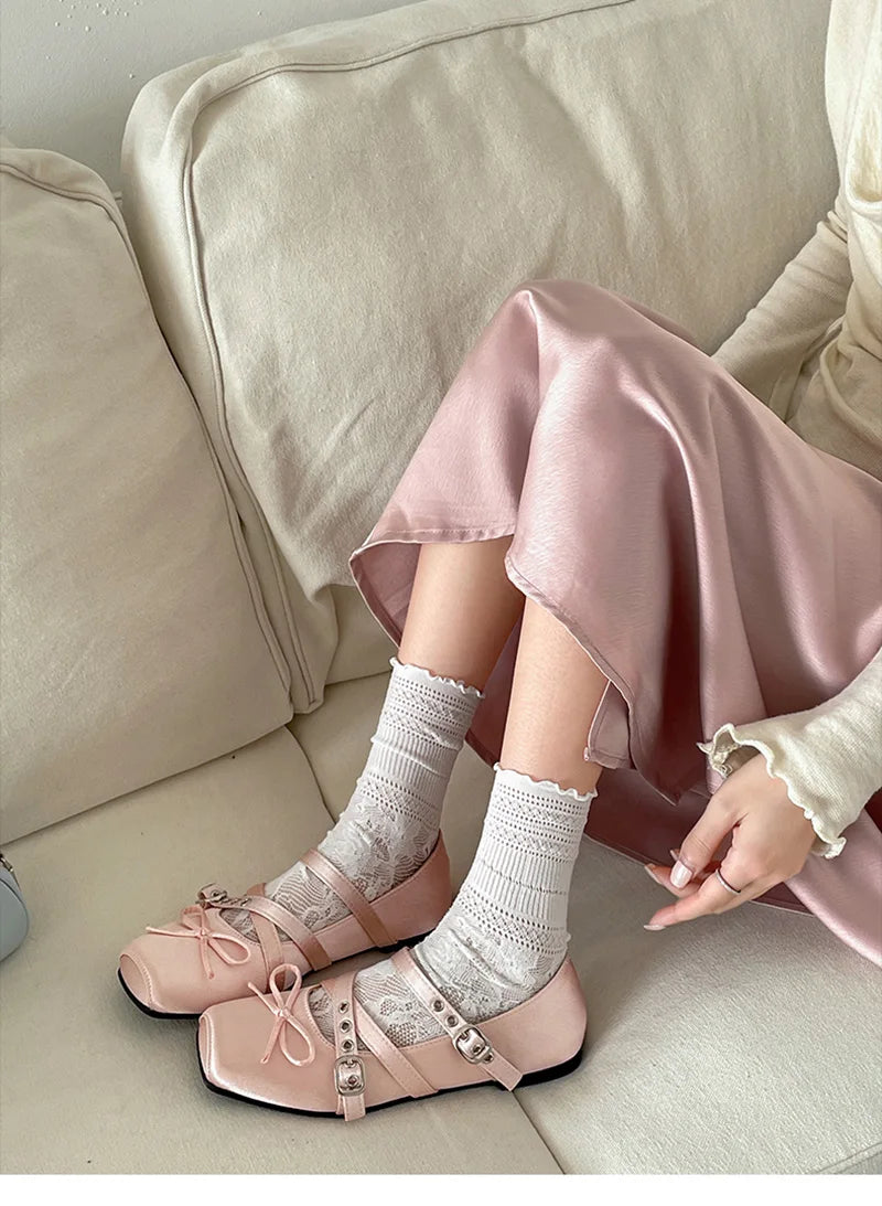 Butterfly Knot Ballet Flats – Elegant Square Toe Women's Flat Shoes