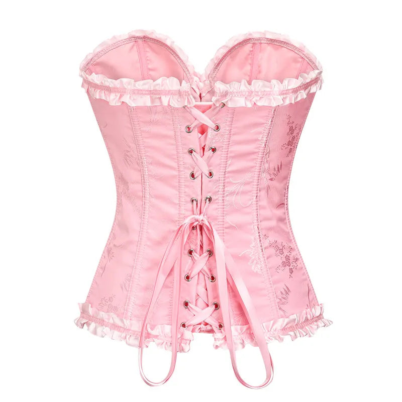 USA-Made Jacquard Ruffled Overbust Corset – Gothic Victorian Push-Up Bustier