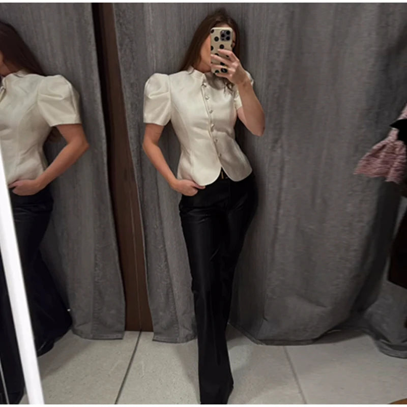 2026 Spring Summer Short Puff Sleeve Frog Button Shirt For Women Stand Collar  Single Breasted Blouse Lady Chic Street Party Top