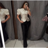 2026 Spring Summer Short Puff Sleeve Frog Button Shirt For Women Stand Collar  Single Breasted Blouse Lady Chic Street Party Top