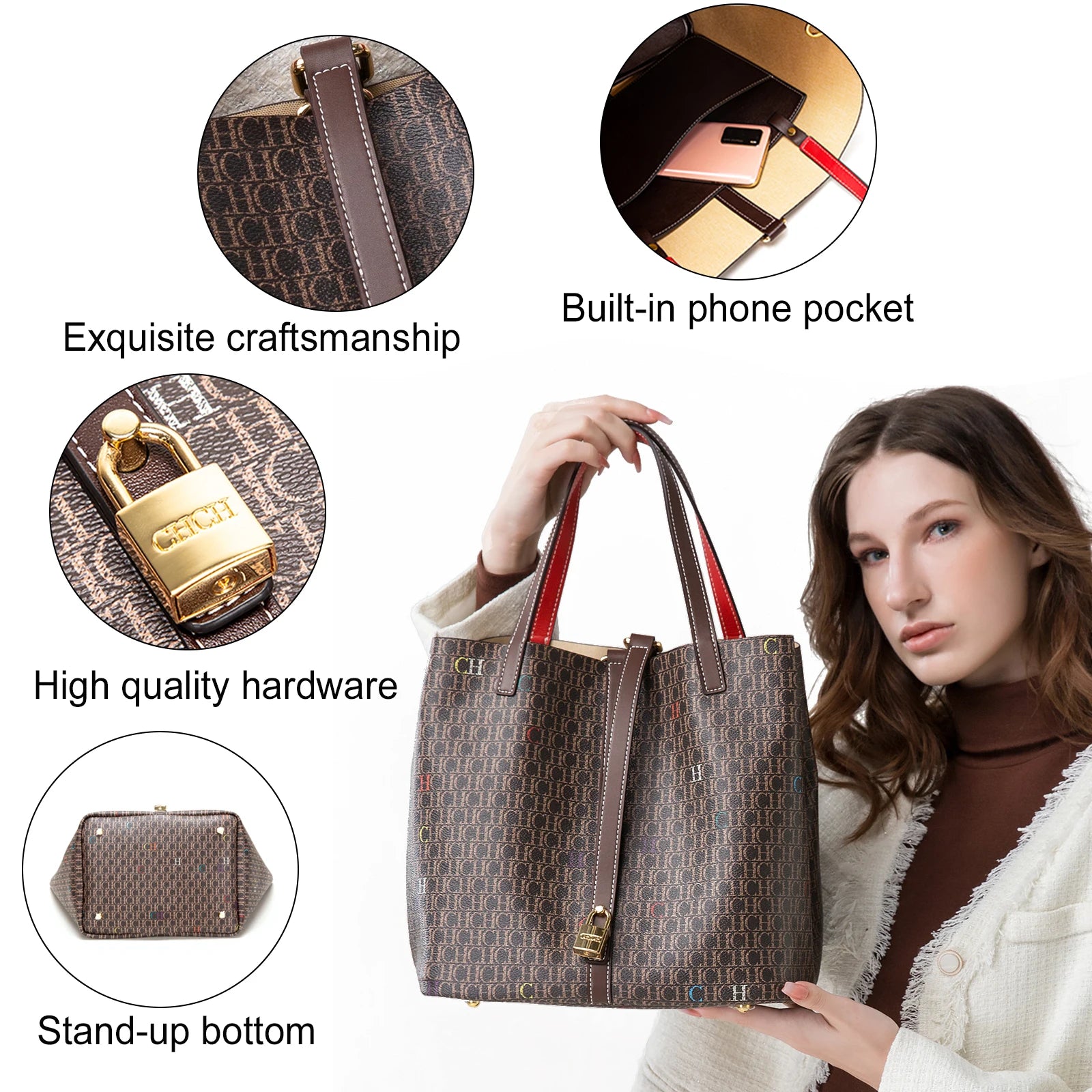 CHCH Women's Tote Bag Autumn New Large Capacity Coffee Color Commuter Women's Bag