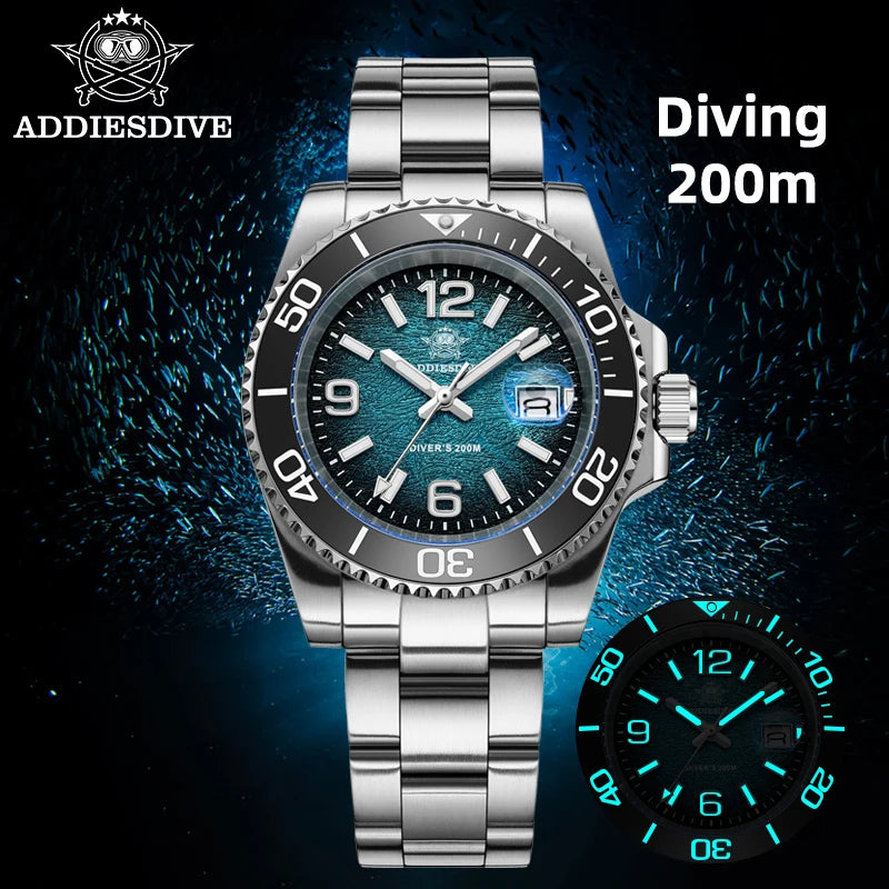 ADDIESDIVE Ceramic Bezel Colorful Dial Quartz Watches 41mm AD2513 Reloj Hombre 200m Waterproof BGW9 Luminous Diver Watch For Men