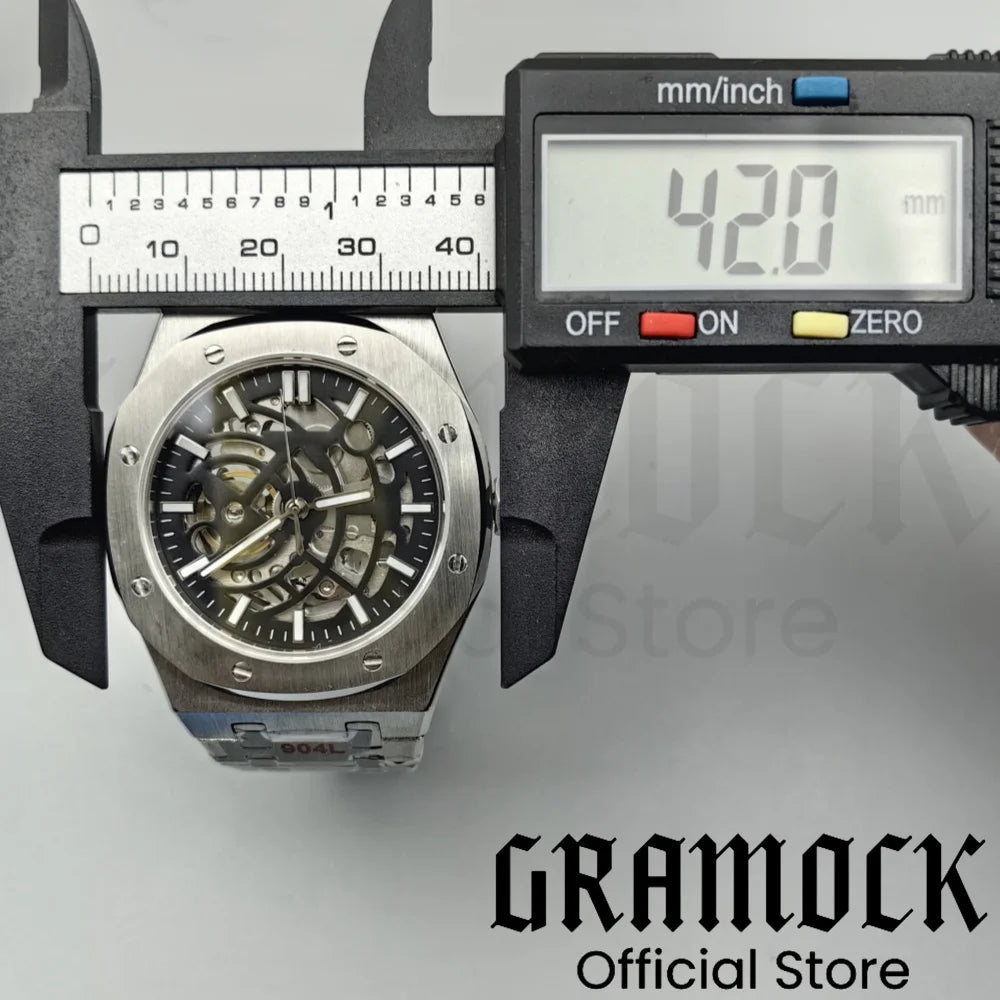 Gramock 41mm NH70 Watch Hollowed Out Dial Sapphire Crystal With Green Luminous NH70 Automatic Mechaninal Movement Waterproof
