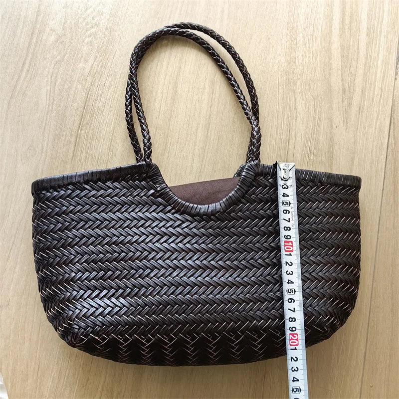 Luxury Designer Genuine Leather Cowhide Hand-woven Tote Bag High Quality Vintage Women's  Vacation Travel Beach Shoulder Bag