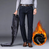 Men Autumn Winter Fleece Lined Thickened Jeans Male Business Straight Leg Loose High Waist Denim Pants Stretch Casual Trousers