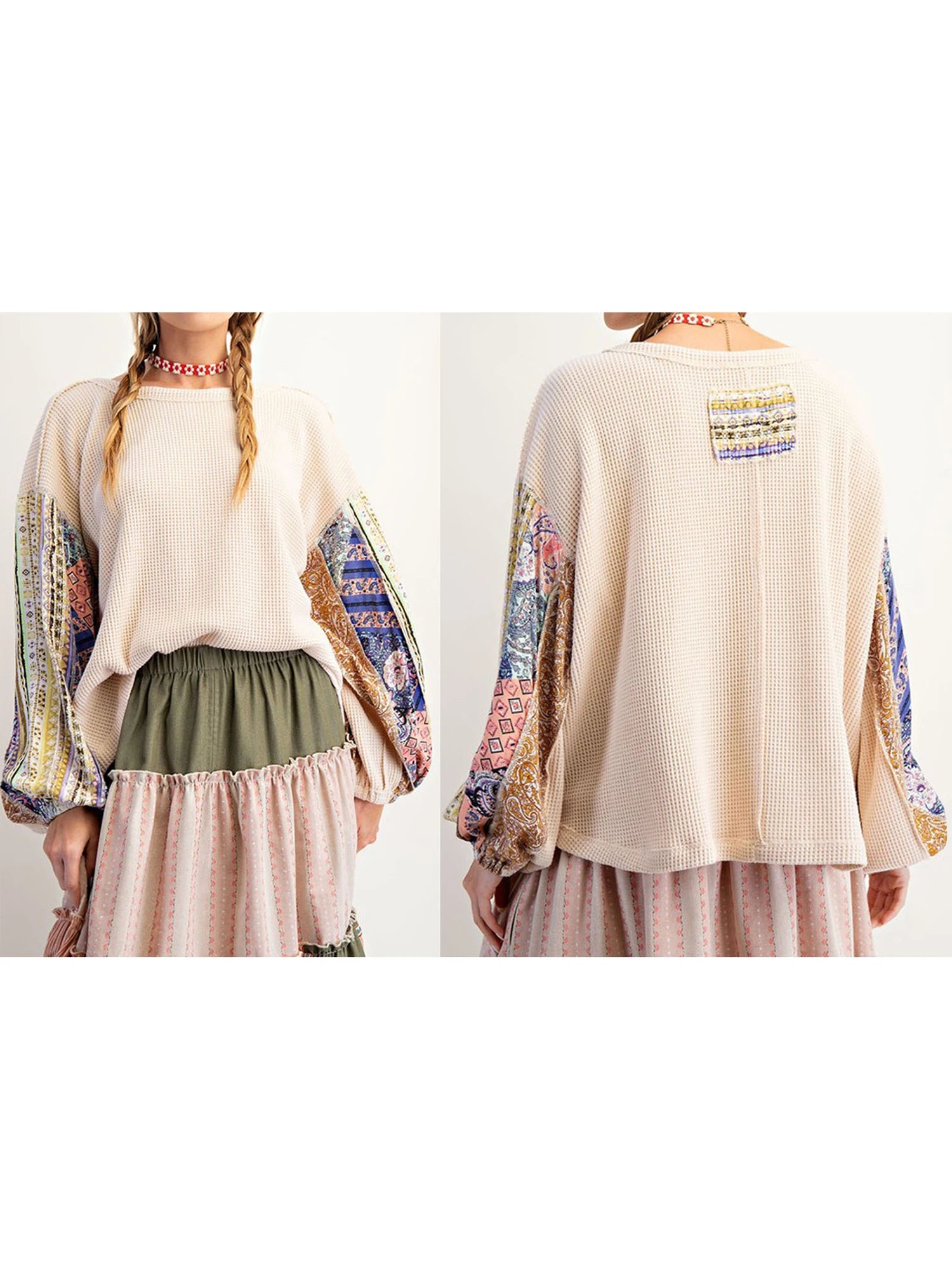 Printed Patchwork Crew Neck Hoodie