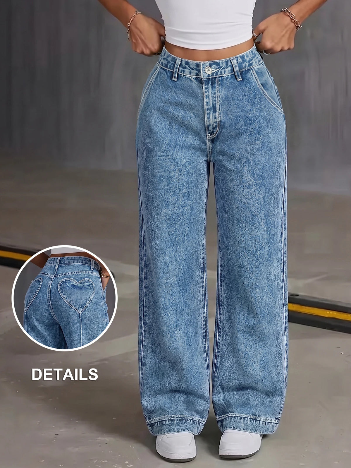 Women's High Waist Wide Leg Heart Pocket Jeans