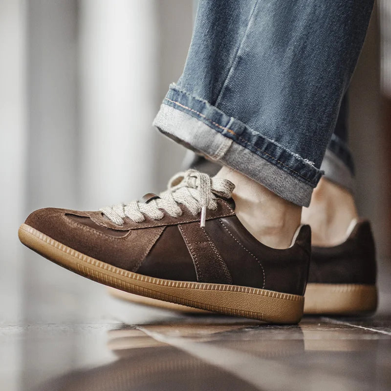 Maden Classic Brown Spliced German Trainer Shoes Flat Low-top Sneakers for Men's Spring and Autumn Casual Lace-up Sporty Shoes