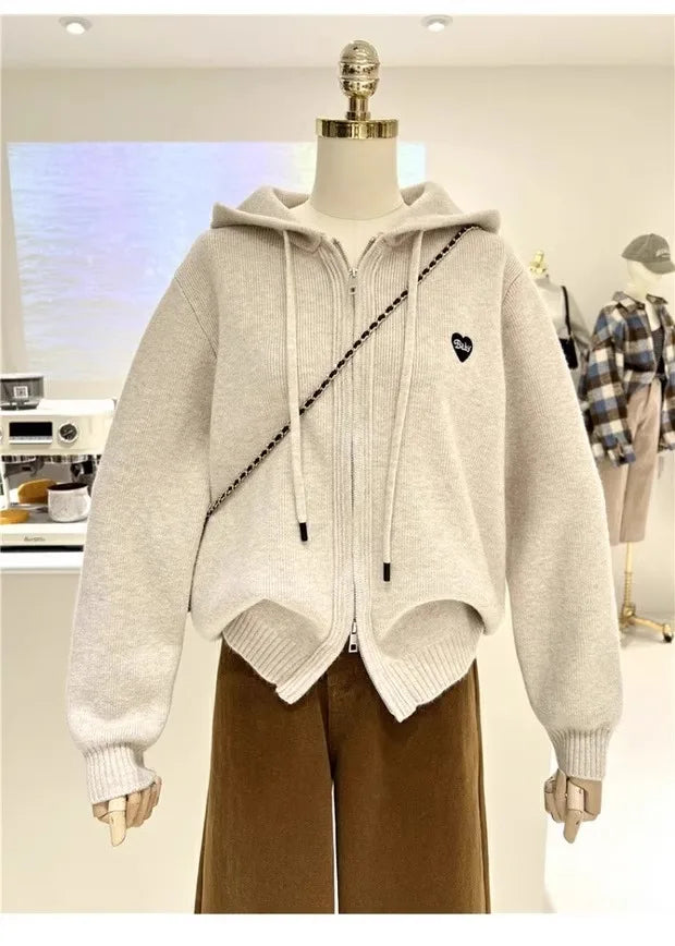 Women’s Heart Embroidery Oversized Knitted Cardigan – USA Made Warm Winter Hoodie