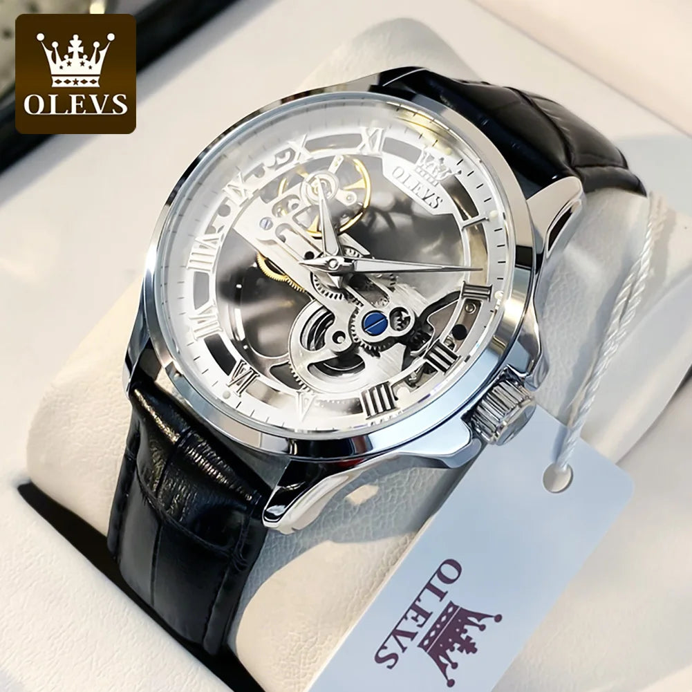OLEVS 6661 Full Transparant Skelton Flywheel Automatic Mechanical Men's Watch Leather Strap Luxury Brand Original Man Wristwatch