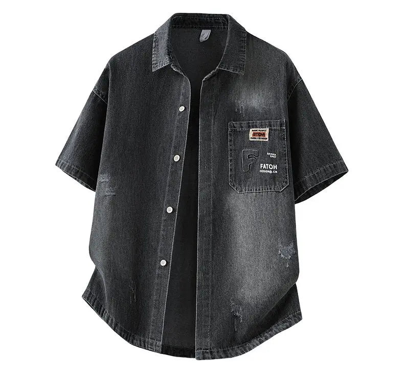 Men's Casual Black Denim Shirt Short Sleeve Loose Fit Gradient Washed RESPECT Embossed Summer Streetwear Button Up Blouse