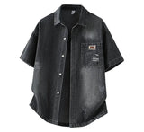 Men's Casual Black Denim Shirt Short Sleeve Loose Fit Gradient Washed RESPECT Embossed Summer Streetwear Button Up Blouse