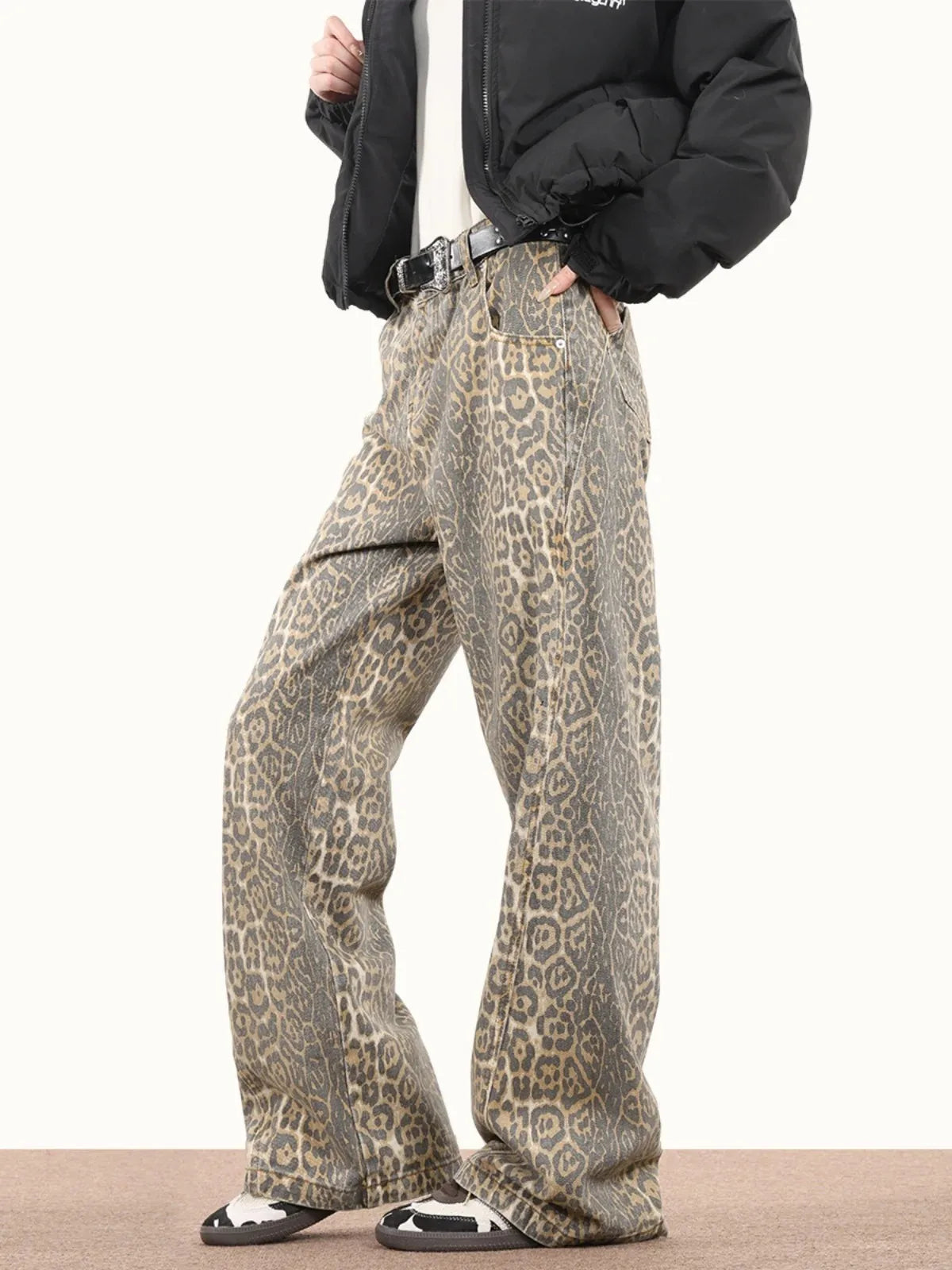 Women's High-Waisted Leopard Wide Leg Jeans | Y2K Vintage