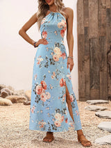 Elegant Floral Print High Slit Halter Dress