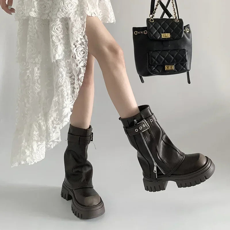 Women's Biker Boots – Belt Buckle Platform Mid-Calf