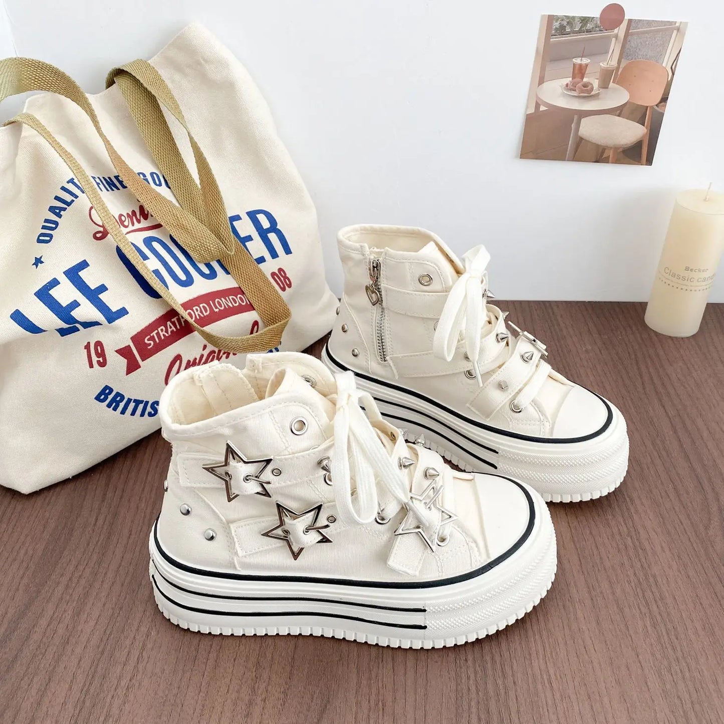 Women's High-Top Canvas Platform Sneakers — Rivet Buckle Lace-Up