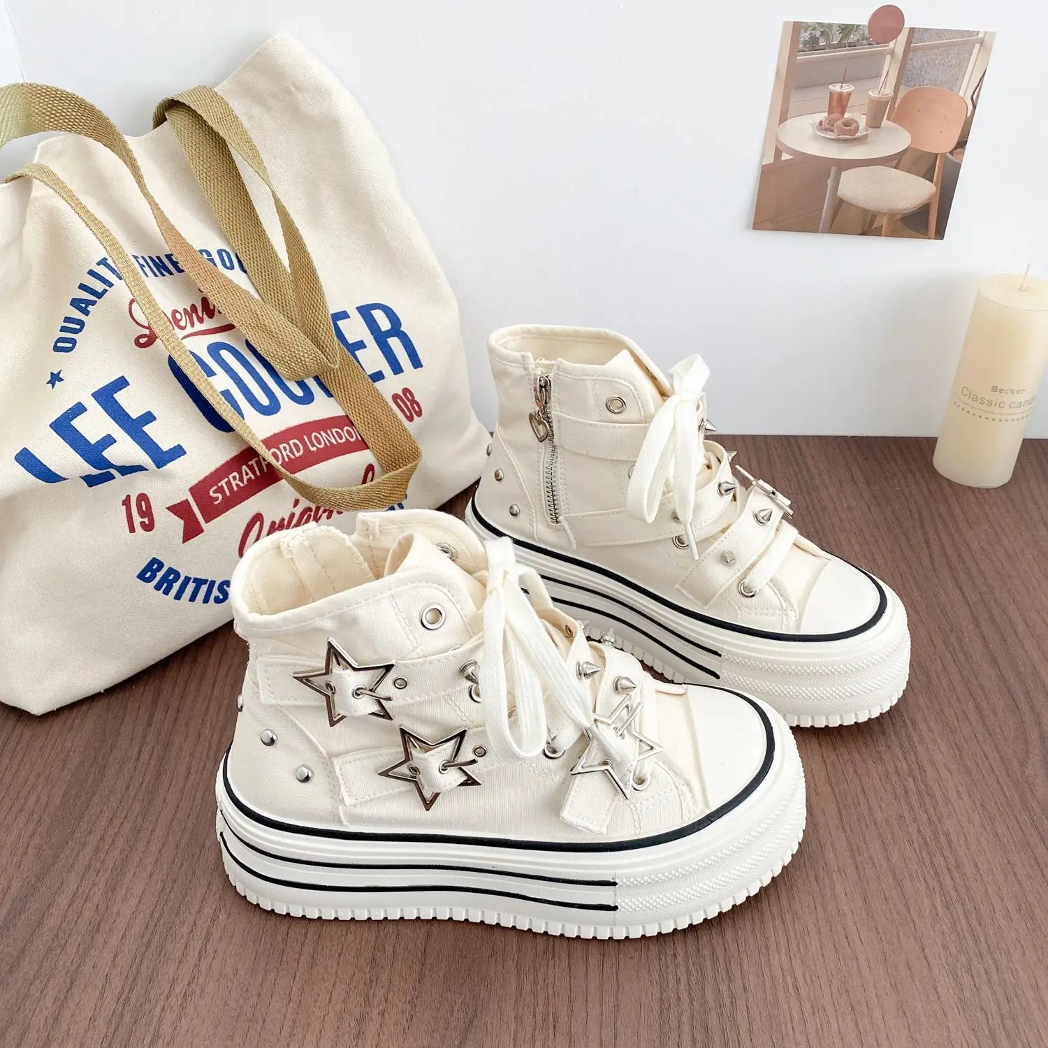 Women's High-Top Canvas Platform Sneakers — Rivet Buckle Lace-Up