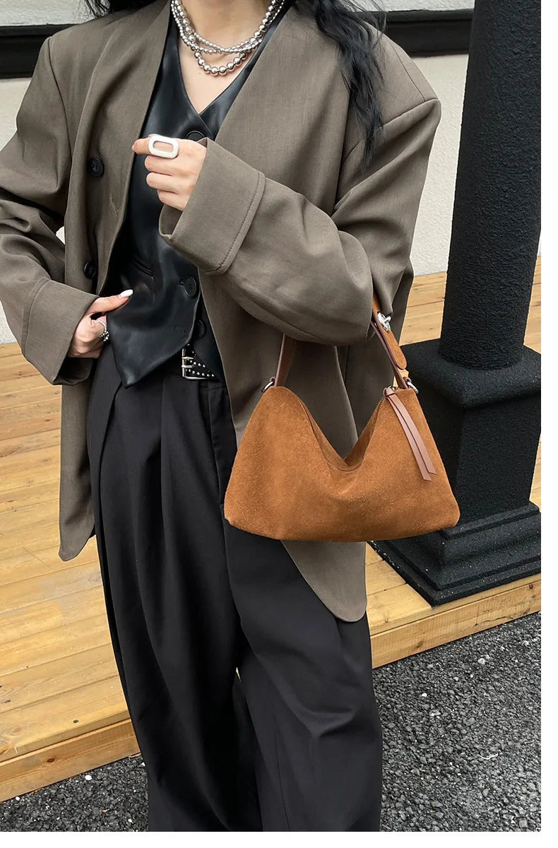 Wholesale Women Suede Bag Female Retro Frosted Cowhide Split Leather Armpit Shoulder Bag Lady Handbag Trendy Crossbody Messenger