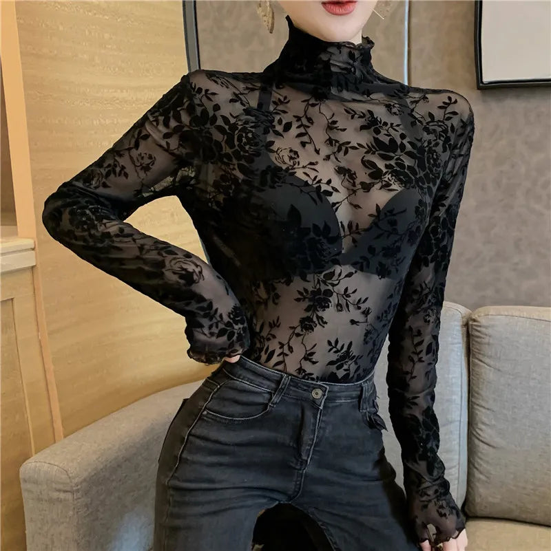 Women's Flocking Mesh Long Sleeve Top Floral Turtleneck