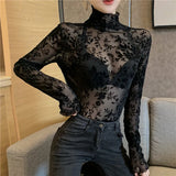 Women's Flocking Mesh Long Sleeve Top Floral Turtleneck