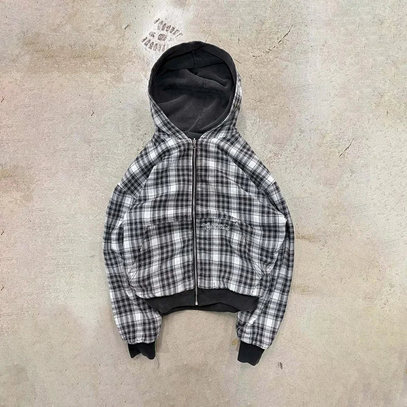 Reversible Plaid Zip-Up Hoodie with Relaxed Fit