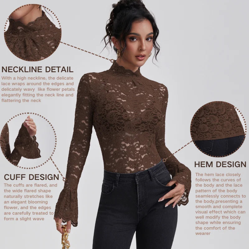 Elegant Floral Lace Turtleneck Blouse
