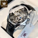 OLEVS 6661 Automatic Mechanical Man Watch Full Transparant Skeleton Flywheel Leather Strap Luxury Brand Original Mens Wristwatch