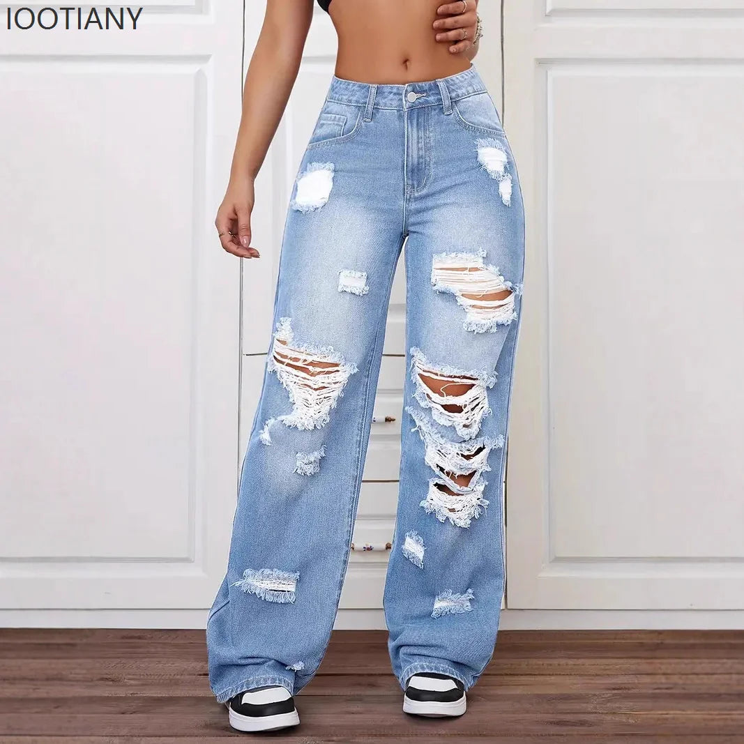 Women's Distressed Wide Leg Jeans | High Waist Denim