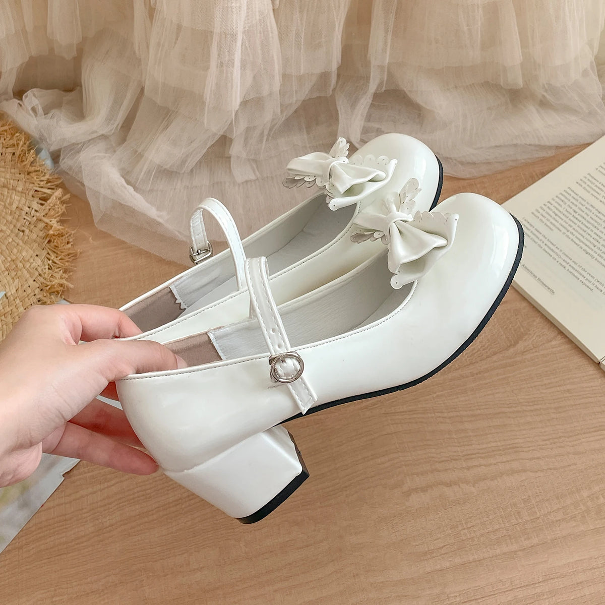 Cute Butterfly-knot Women Lolita Mary Jane Shoes Concise Thick Heel Leather Shoes Ladies Shallow Pumps