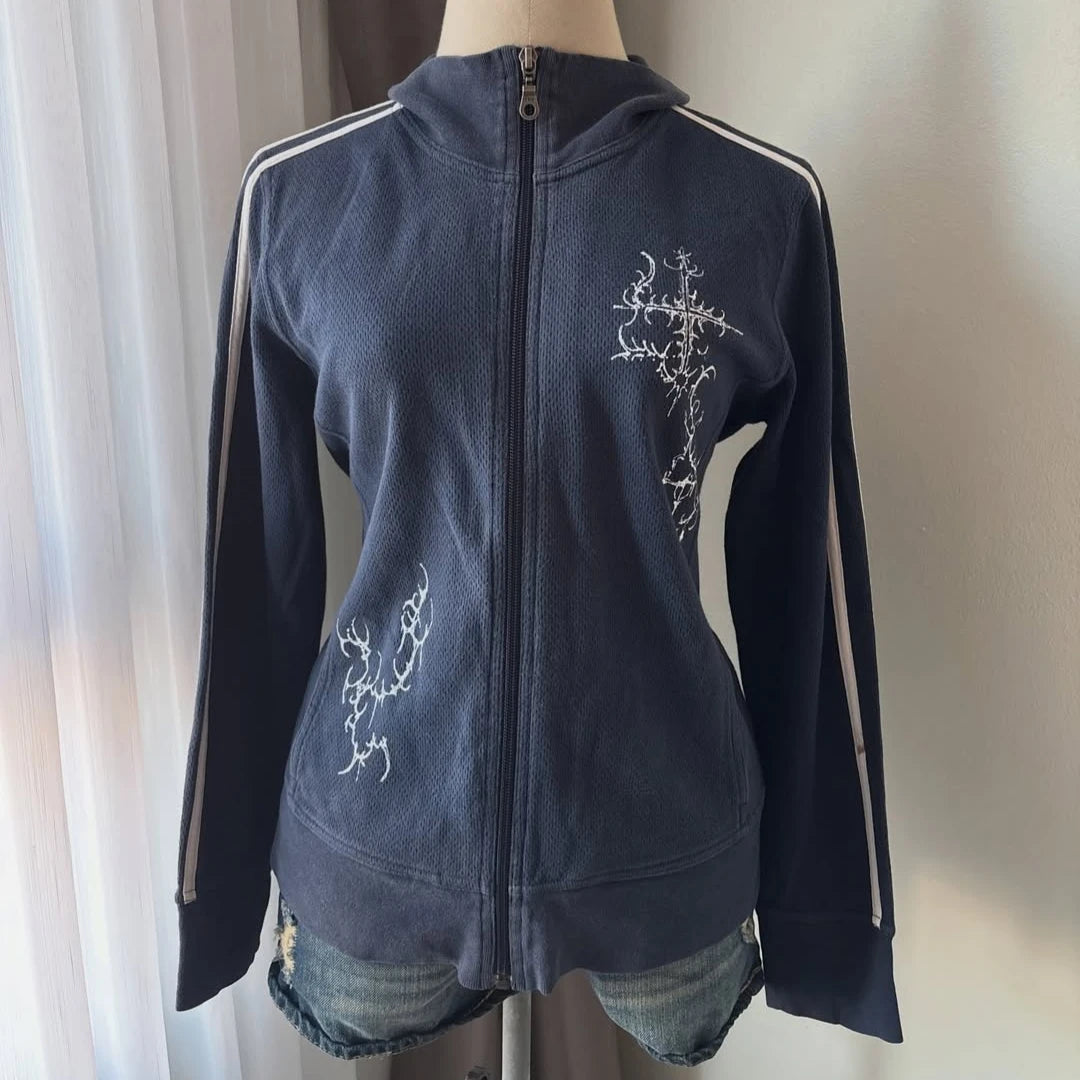 Y2K Striped Embroidered Jacket Harajuku Classic Retro Navy Blue Collared Zip Up Hoodie Goth Geometric Print Slim Fit Sweatshirt