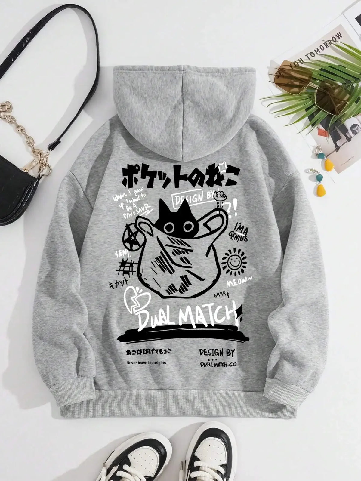 Cat Print Fleece Hoodie – Relaxed Unisex Fit