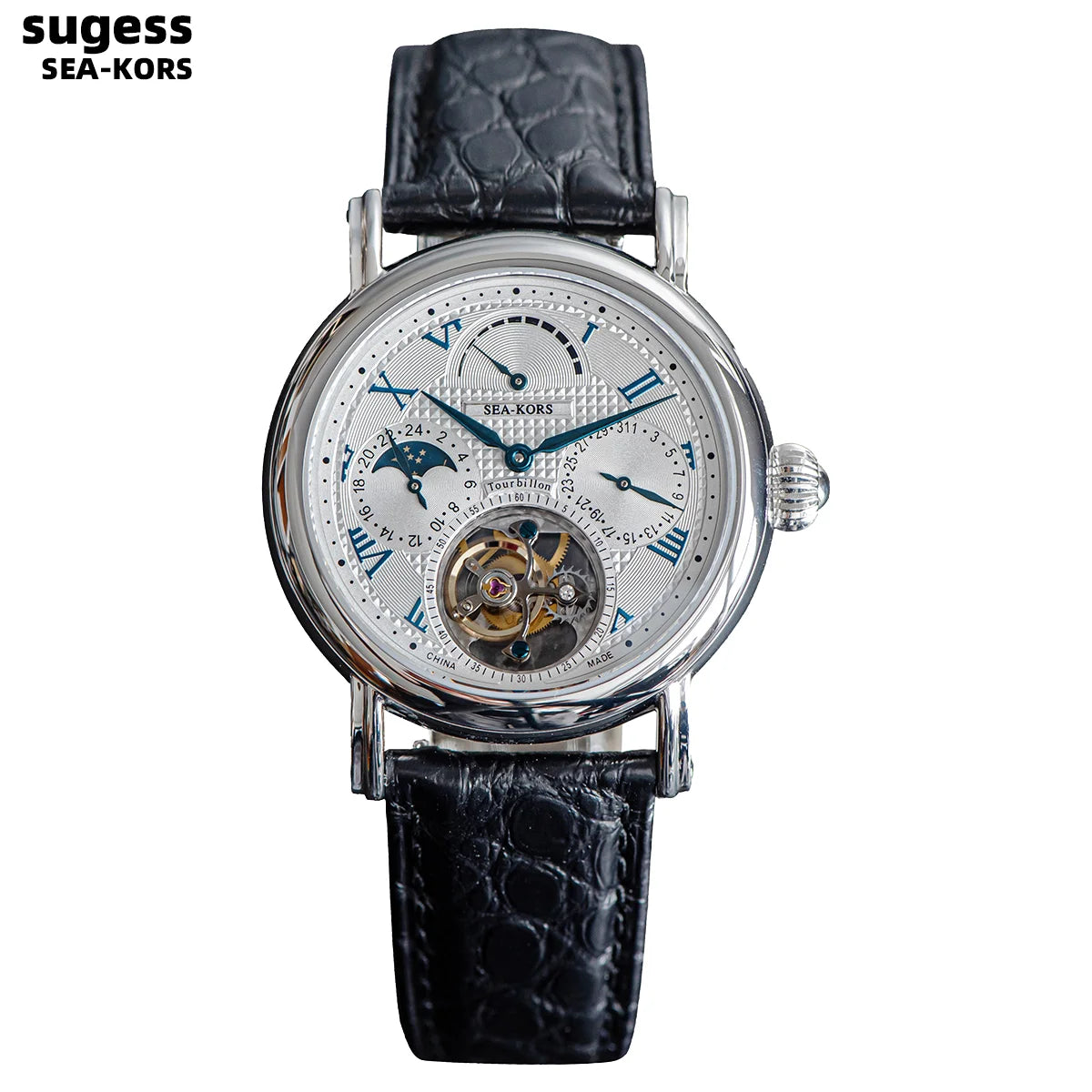 SUGESS 40mm Tourbillon Moonphase Watch | Seagull ST8007