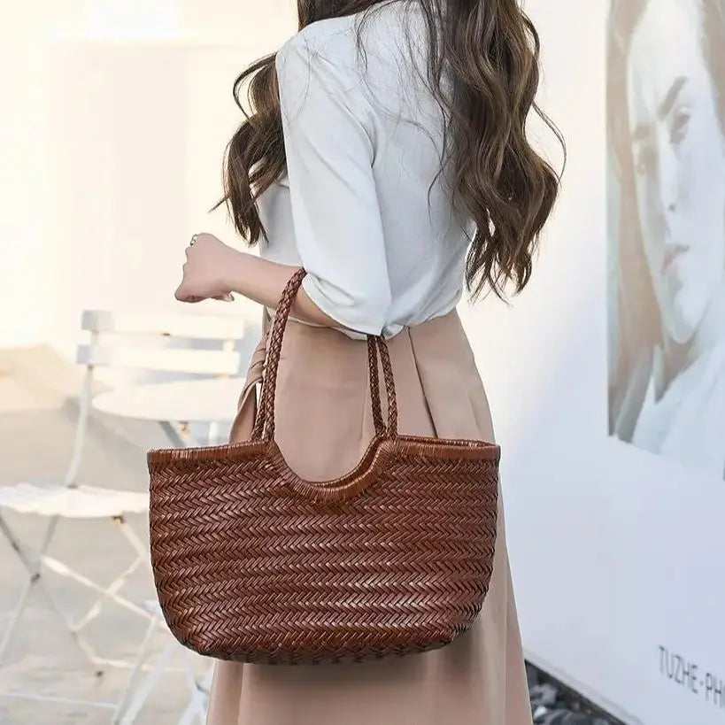 Hand-woven Genuine Leather Woven Casual Vegetable Basket Bag with Casual Woven Inside Bag Shoulder Underarm Tote Bag