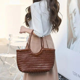 Hand-woven Genuine Leather Woven Casual Vegetable Basket Bag with Casual Woven Inside Bag Shoulder Underarm Tote Bag