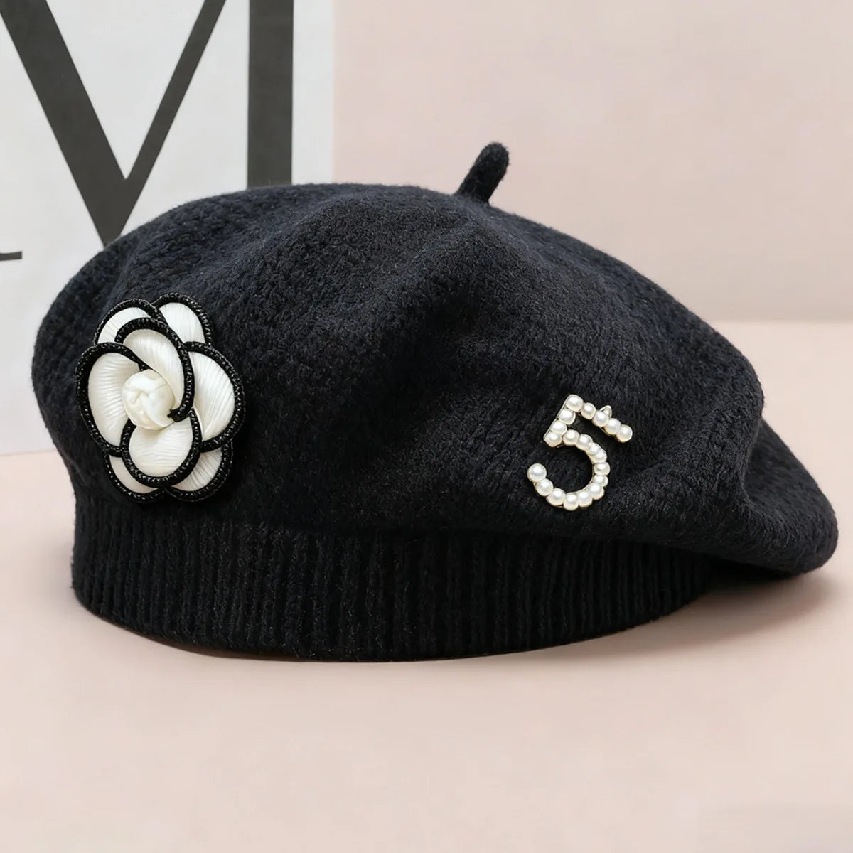 Women's Floral Pearl Knit Beret – Elegant Winter Hat