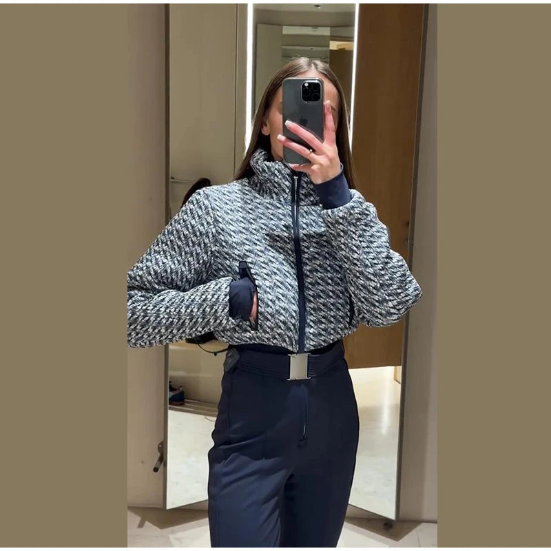 Elegant Geometric Print Ski Jumpsuit - High-Waist Winter Romper