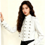 Women's American Retro Denim Military Inspired Cropped Jacket Long Sleeve Stand Collar Casual Y2k Motorcycle Coat