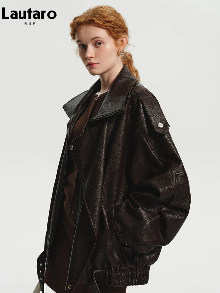 Lautaro Spring Autumn Cool Brown Oversized Pu Leather Jacket Women Long Sleeve Zip Up Luxury Designer American Retro Clothing