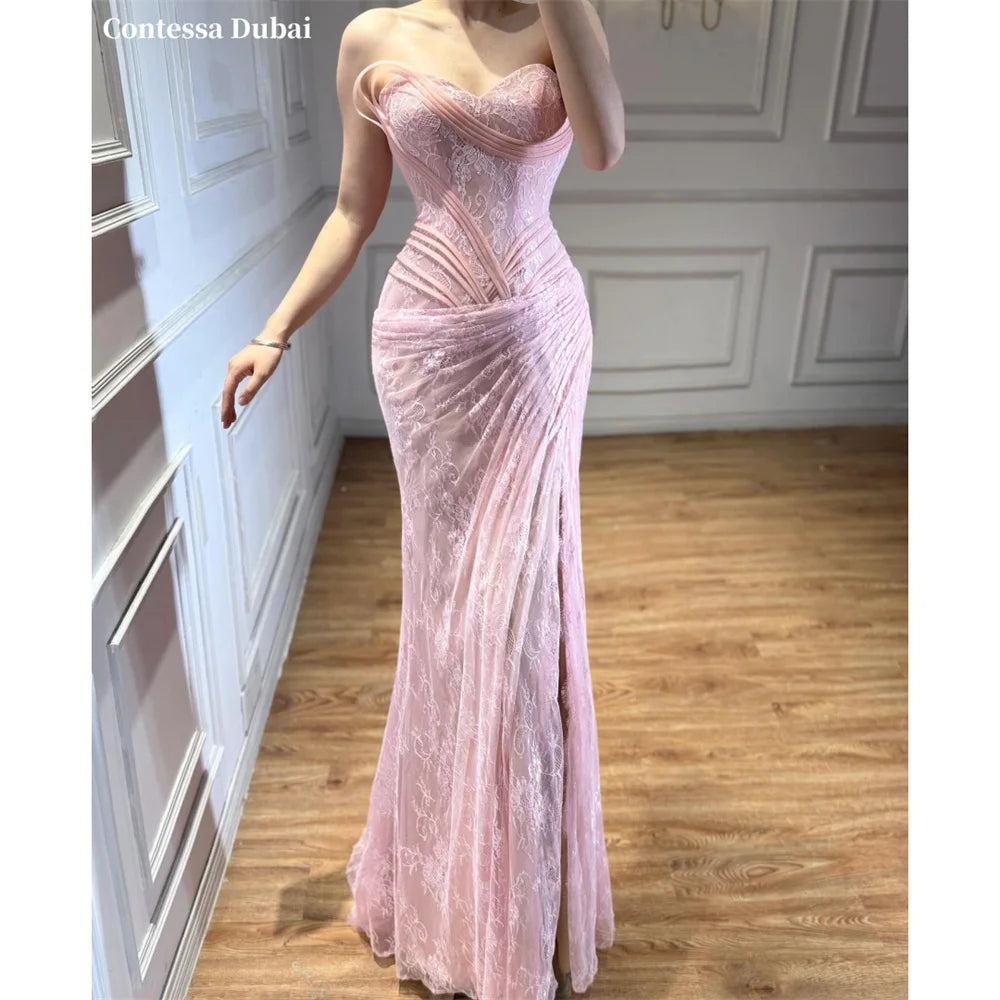 Contessa Pink Lace Off-Shoulder Mermaid Evening Gown