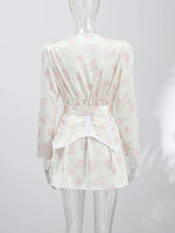 Print  Dress Women's Floral Satin Mini Dress Deep V-Neck Puff Sleeves Peplum Waistband Two-Piece Party Dresses Woman Clothes