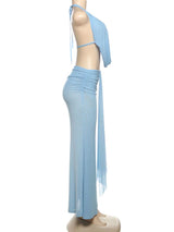 Nibber Vacation See Through Women 2 Piece Set Y2K Halter Swing Collar Seashell Tank Tops+Ruched Waist Skirts Midnight Clubwear