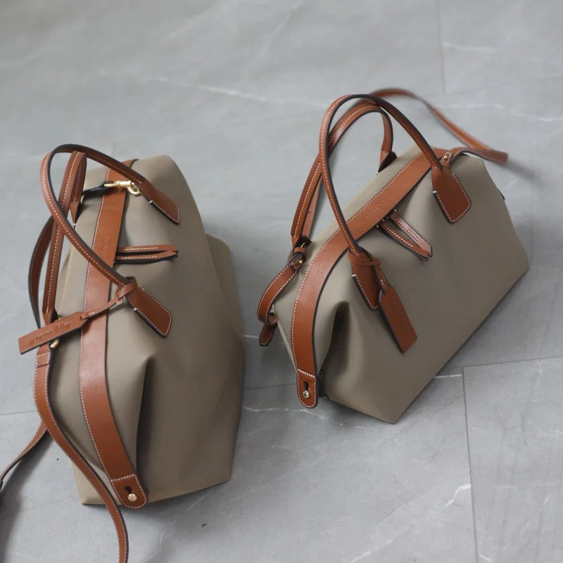 Women's Nylon With Genuine Leather Zipper Tote Lightweight Soft Travling Bags Versatile Style Handbag Different Colors And Size