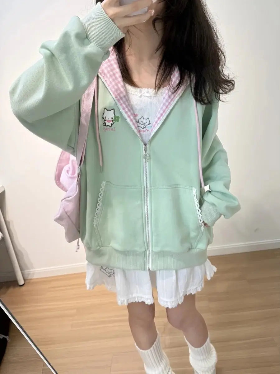 Women's Cat & Floral Print Zip-Up Hoodie