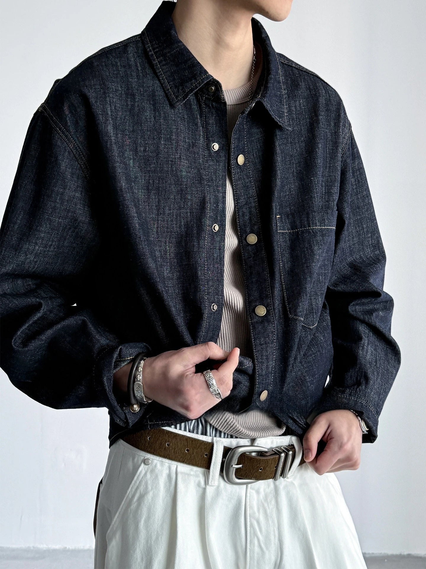 Men's American Vintage Washed Raw Denim Work Shirt Loose Fit Casual Trendy Overshirt Coat Premium Lyocell Spring Fall Streetwear