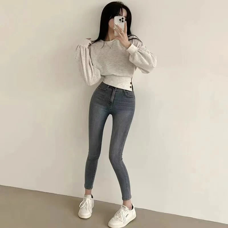 Autumn Women Solid O-Neck Slim Crop Top Lantern Sleeve With Button  Sweat Casual Hip-Hop Sporty Pullover Sweet Chic Street Wear
