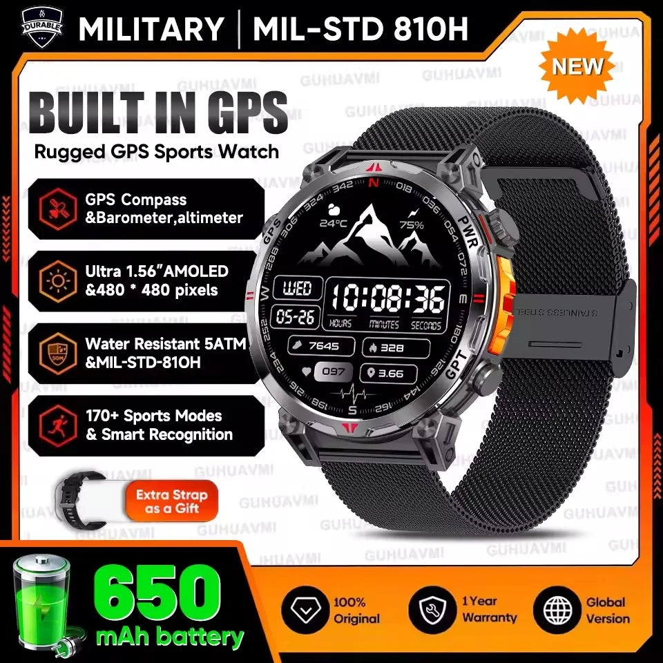 New Upgrade GPS Outdoor Sports SmartWatch Men With 5ATM Swim Compass Altimeter 1.56" AMOLED Heart Rate Bluetooth Call Smartwatch